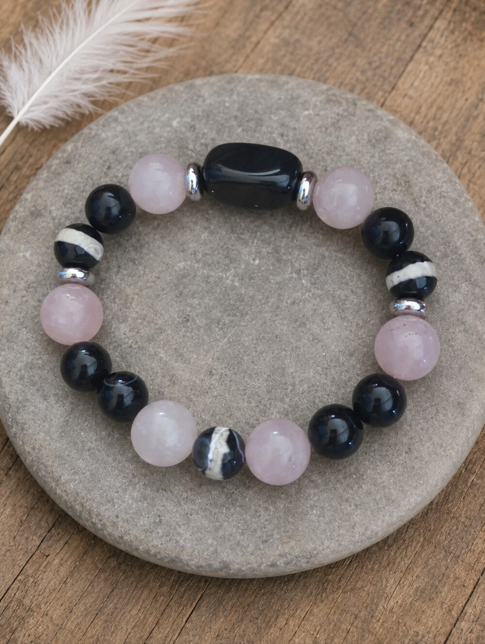 Rose Quartz & Black Onyx Beaded Bracelet | Handmade